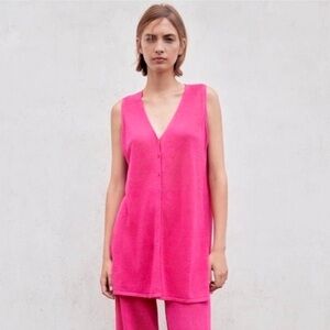 ZARA Linen-Blend Button-Down Vest Tunic Top Women’s Small Magenta Pink Barbie